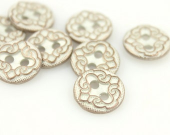 Metal Buttons - Floral Scroll Metal Buttons , Copper White Color , 2 Holes , 0.43 inch , 10 pcs