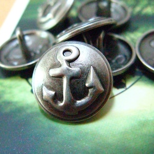 Metal Buttons - 10 Pieces Relief Anchor Gunmetal Thin Domed Buttons. 0.59 inch.