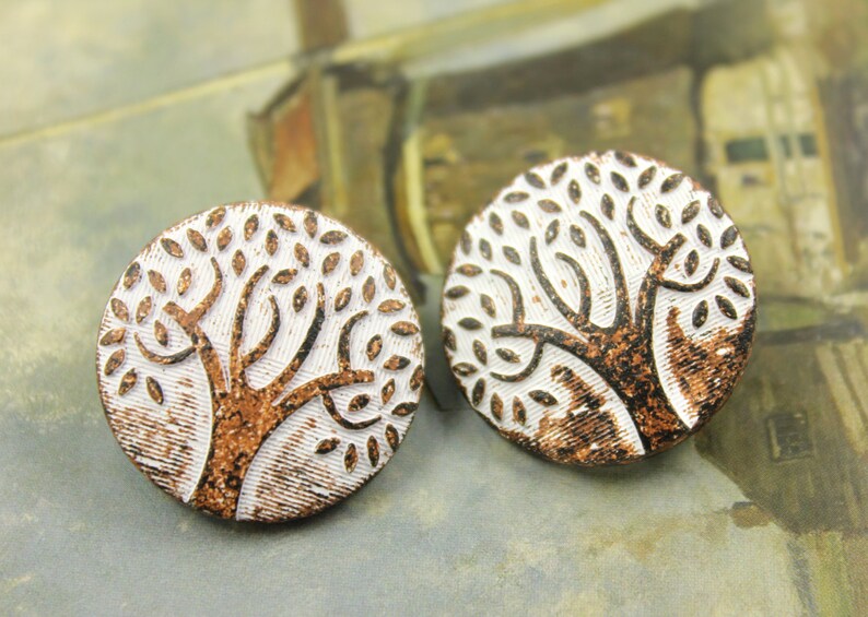 Metal Buttons White Rust Carving Big Tree Pattern Shank Buttons. 1 inch. 6 pcs image 2