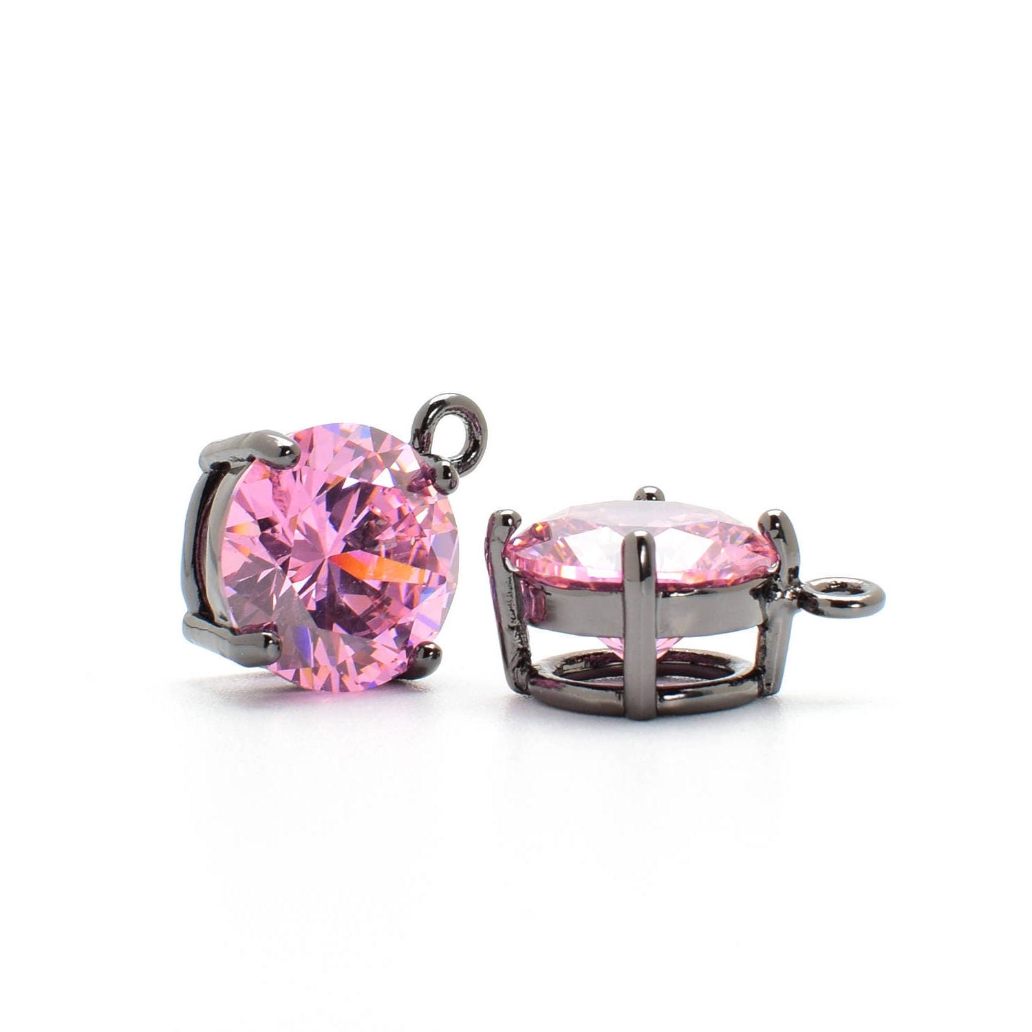 2 Round Pink Cubic Zircon Pendant, 12mm, Black Color Plated