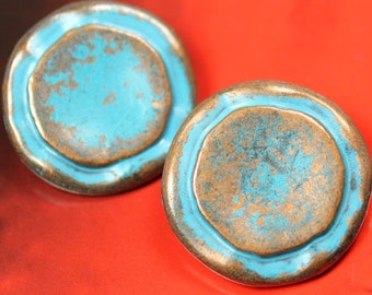 Metal Buttons - Double Circles Metal Buttons , Retro Sky Blue Color , Shank , 0.91 inch , 6 pcs