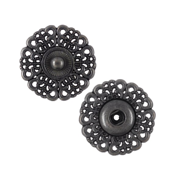 Motif Metal Snap Buttons , Vintage Black Color , Openwork , 0.79 inch , 5 sets.