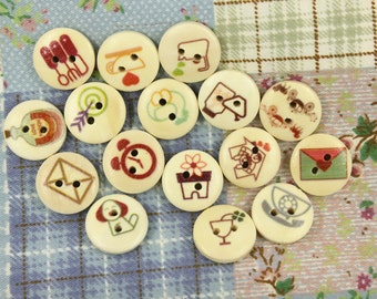 Wooden Buttons - Mix and Match Happy Holiday 16 Wooden Buttons. 0.59 inch