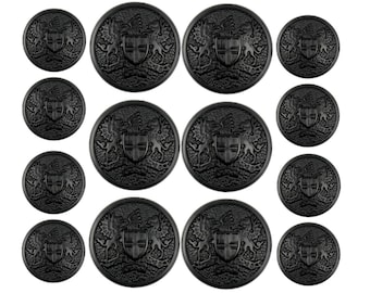 Double Blazer Button Set - Medallion Matte Black Metal Shank Buttons Set. 6 pcs of 25mm, 8 pcs of 18mm