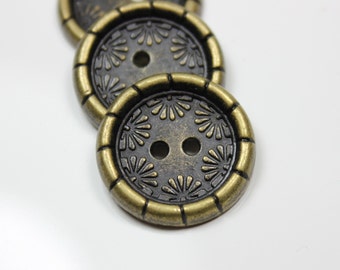Metal Buttons - Daisy Border Metal Buttons , Antique Brass Color , 2 Holes , 0.79 inch , 10 pcs