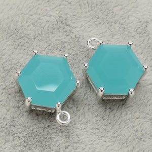 2 Hexagonal Mint Turquoise Crystal Glass Pendant, 18mm, Silver Plated over Brass Prong Setting. [A1070149]