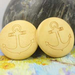 Wooden Buttons Natural Wood Shank buttons with Anchor Pattern Carving. 1 inch. 10 pcs image 2