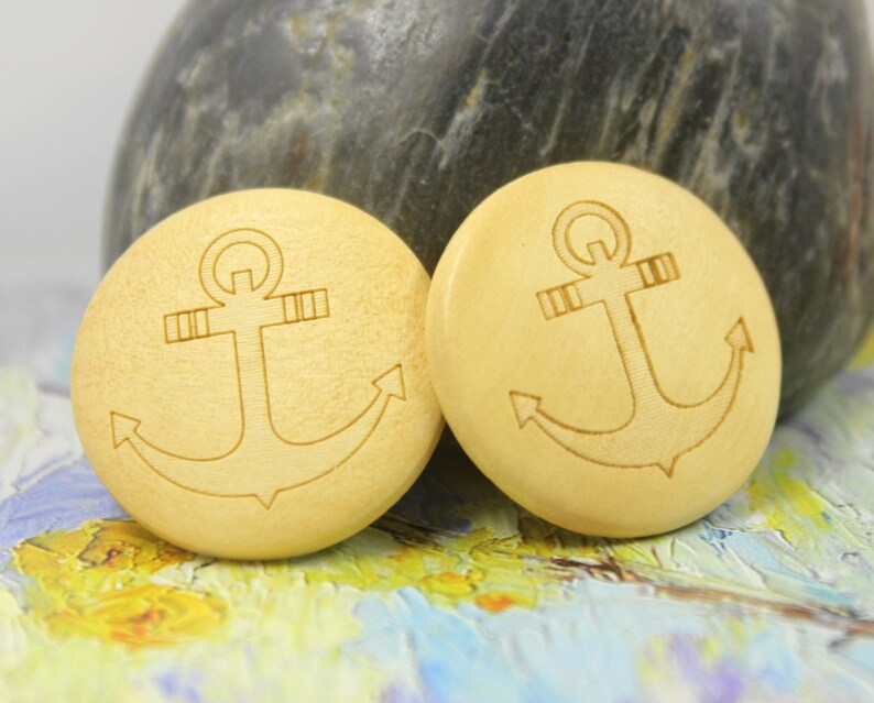 Wooden Buttons Natural Wood Shank buttons with Anchor Pattern Carving. 1 inch. 10 pcs image 2