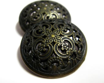 Metal Buttons - Opeowork Floral Engraving Metal Buttons , Antique Brass Color , Domed , Shank , 1 inch , 10 pcs