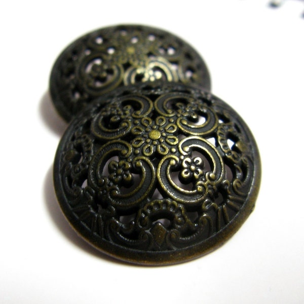 Metal Buttons - Opeowork Floral Engraving Metal Buttons , Antique Brass Color , Domed , Shank , 1 inch , 10 pcs