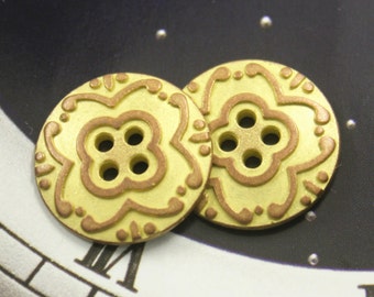 Metal Buttons - Flower Metal Buttons , Copper Yellow Color , 4 Holes , 0.79 inch , 10 pcs