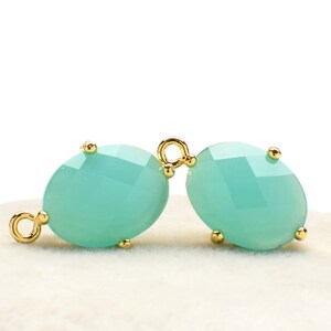 2 Oval Mint Turquoise Crystal Glass Pendant, 16mm, Gold Plated over Brass Prong Setting. [O0070177]