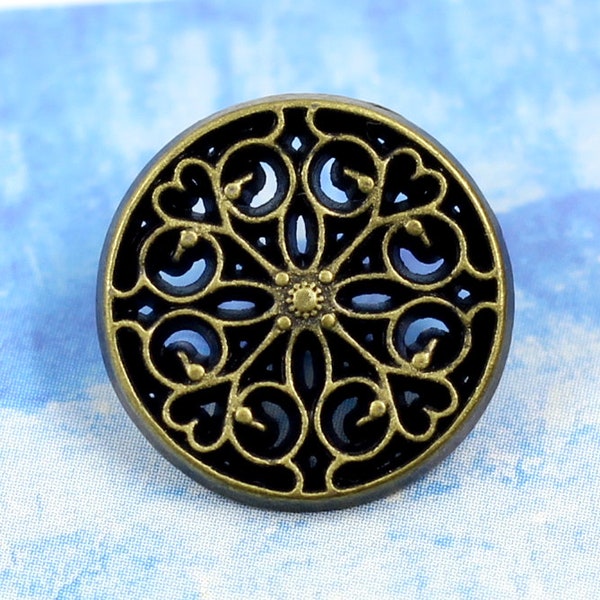 Metal Buttons - Floral Filigree Metal Shank Buttons , Antique Brass Color , 0.59 inch , 10 pcs