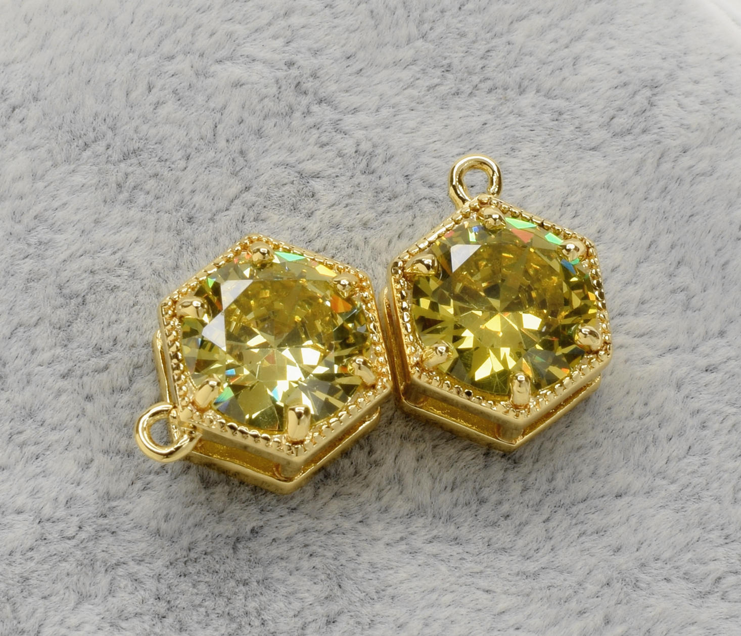 2 Bold Hexagonal Olivine Zircon Pendant, 15mm, Open Ring