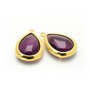 2 Drop Purple Crystal Glass Pendant, 20mm, Gold Plated over Brass Prong Setting. [D0260598]