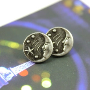 10 Moon and Star Metal Buttons , Gray Silver Color , Shank , 0.43 inch image 2