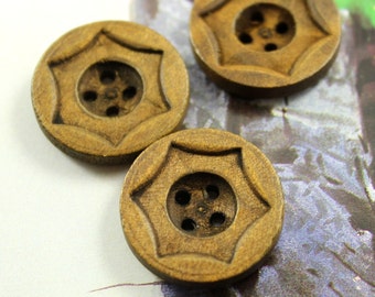 Fine Wood Buttons - Antiqued Intaglio Curved Star Hexagon Brown Wooden Buttons, 1 inch (10  in a set)