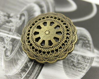 Metal Buttons - Medieval Filigree Metal Buttons , Antiqued Brass Color , Shank , 1.26 inch , 6 pcs