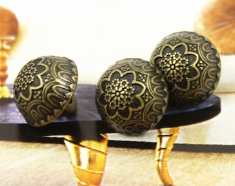 Metal Buttons - Flower Bud Metal Buttons , Antique Brass Color , Domed , Shank , 0.43 inch , 10 pcs