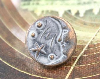 10 Knöpfe aus Metall, Mond und Stern, blaubemaltes Kupfer, Schaftlänge 11 cm