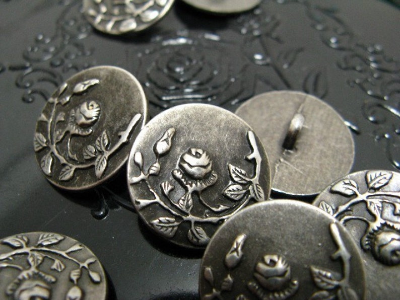 Metal Buttons Rose Vine Metal Buttons , Gunmetal Color , Shank , 0.71 inch , 10 pcs image 3