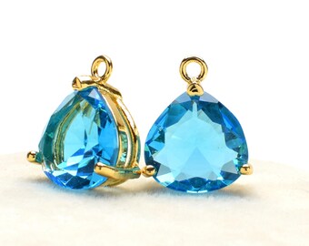 2 Pear Drop Light Blue Crystal Glass Pendant, 15mm , Gold Plated over Brass Prong Setting. [P0020013]