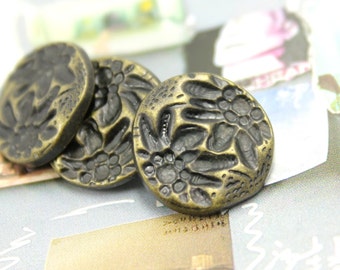 Metal Buttons - Edelweiss Intaglio Metal Buttons , Antique Brass Color , Shank , 0.67 inch , 10 pcs