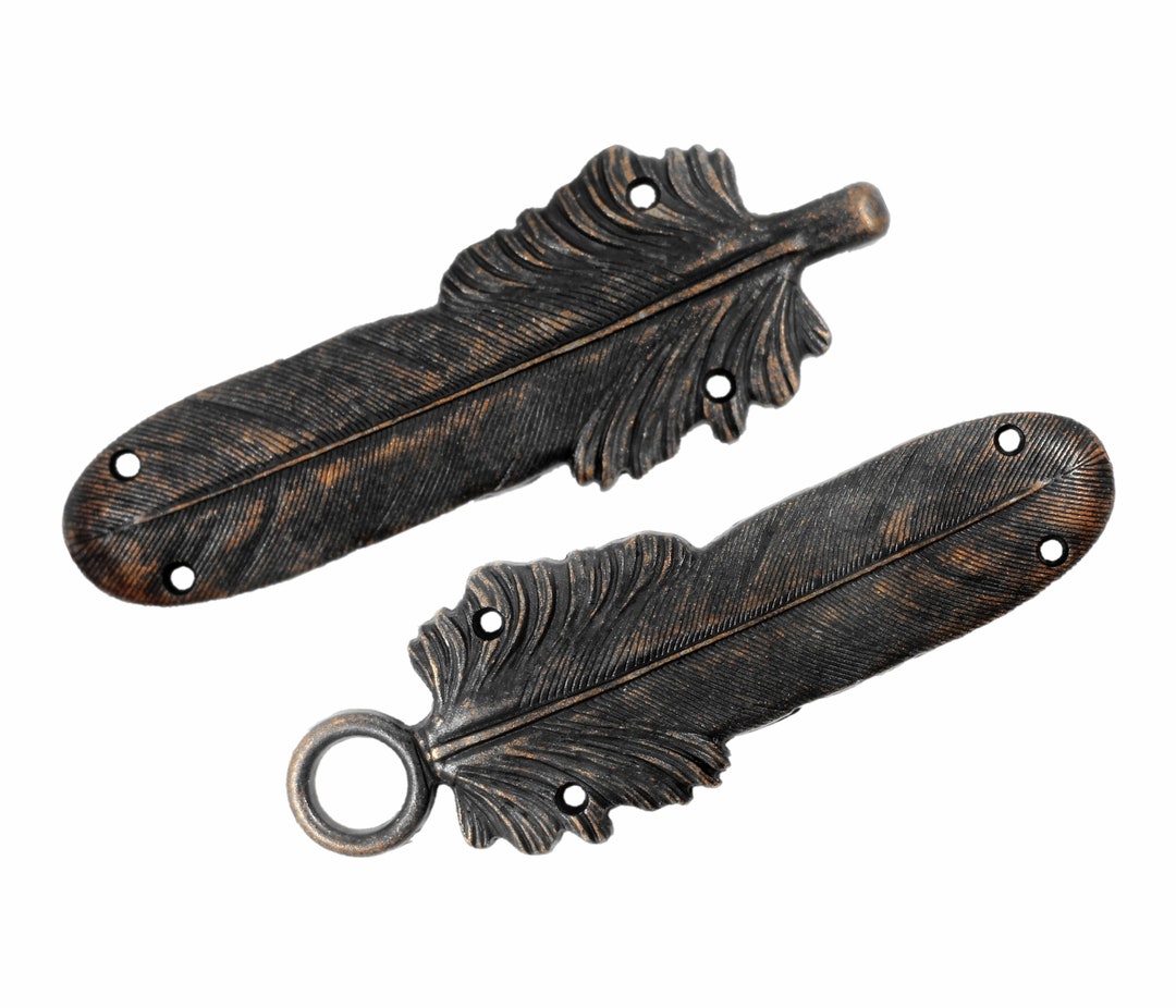 Large Feather Black Copper Cloak Clasp Metal Fasteners. One Pair
