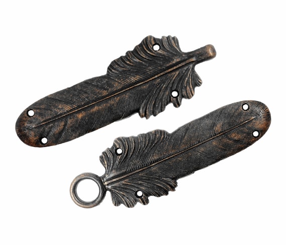 Large Feather Black Copper Cloak Clasp Metal Fasteners. One Pair. -   Israel