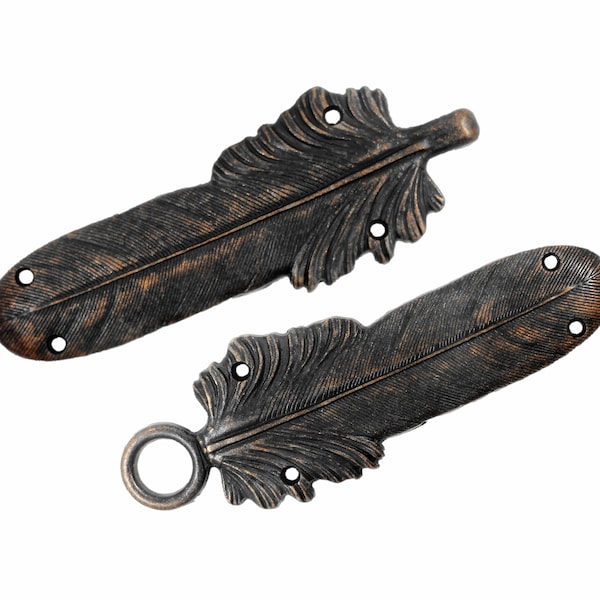 Large Feather Black Copper Cloak Clasp Metal Fasteners. One Pair.