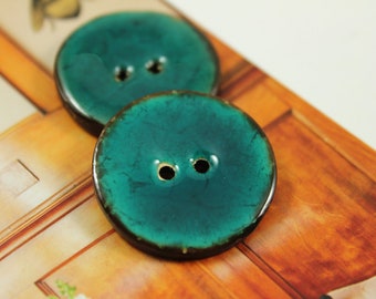 10 Pieces Of  Translucent DarkCyan Enamel Buttons With Coconut Base. 1.10 inch