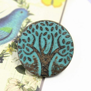 Patina Metal Buttons Green Patina Carving Big Tree Pattern Shank Buttons. 1 inch. 6 pcs image 1