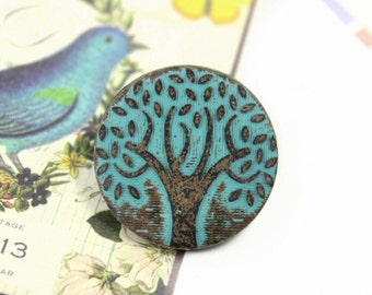 Patina Metal Buttons - Green Patina Carving Big Tree Pattern Shank Buttons. 1 inch. 6 pcs