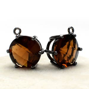 2 Round Smoky Quartz Crystal Glass Pendant, 16mm, Black Color Plated over Brass Prong Setting. [R2190481]