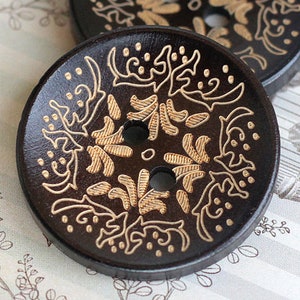 Brown Wood Buttons - 8 pieces of Japanese Style Brown Concave Wooden buttons with Khaki Floral pattern. 1.10 inch