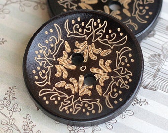 Brown Wood Buttons - 8 pieces of Japanese Style Brown Concave Wooden buttons with Khaki Floral pattern. 1.10 inch