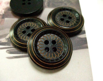 Wooden Buttons - Full Daisy Bloom Pattern Thick Edge Black Wood Buttons, 0.98 inch. 10 pcs