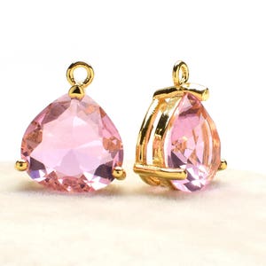 2 Pear Drop Pink Crystal Glass Pendant, 15mm, Gold Plated over Brass Prong Setting. [P0160010]
