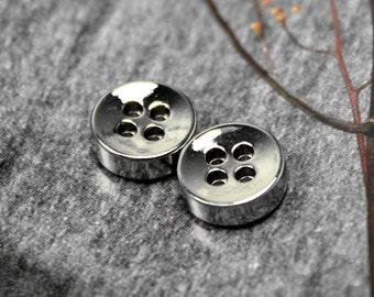 Metal Buttons - Thick Silver Metal Buttons , 4 Holes , 0.39 inch , 10 pcs