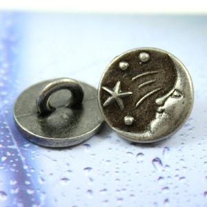 10 Moon and Star Metal Buttons , Gray Silver Color , Shank , 0.43 inch image 4