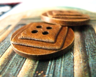 Wood Buttons - Antique Square and Round Cascading Walnut Wood Color Wooden Buttons, 1 inch (10 in a set)