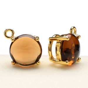 2 Round Smooth Smoky Quartz Crystal Glass Pendant, 12mm, Gold Plated over Brass Prong Setting. [R0190375]