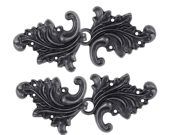 Cloak Clasp Fasteners - Vintage Black Acanthus Leaf Asymmetric Cloak Clasp Metal Fasteners. 2 Pairs.