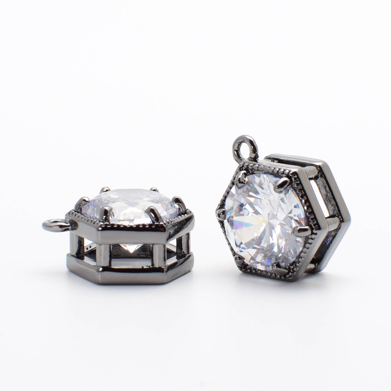 2 Bold Hexagonal Cubic Zircon Pendant, 15mm, Open Ring