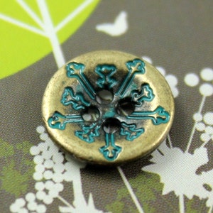 Botones - botones de Metal de los copos de nieve cian, Color de latón antiguo, 2 agujeros, 0,51 pulgadas, 10 piezas de metal