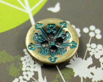 Metal Buttons - Cyan Snowflakes Metal Buttons , Antique Brass Color , 2 Holes , 0.51 inch , 10 pcs
