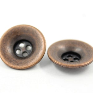 Metal Buttons - Funnel Shaped Metal Buttons , Antique Copper Color , 4 Holes , 0.79 inch , 10 pcs