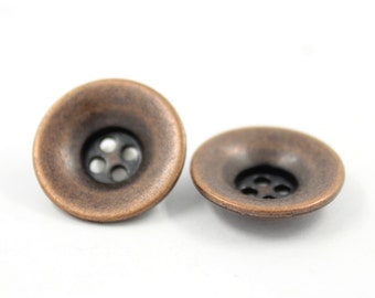 Metal Buttons - Funnel Shaped Metal Buttons , Antique Copper Color , 4 Holes , 0.79 inch , 10 pcs