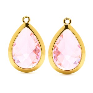 2 Drop Pink Crystal Glass Pendant, 20mm, Gold Plated over Brass Bezel. [D0160587]