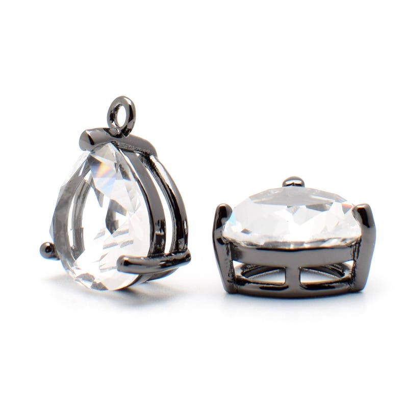 2 Pear Drop Crystal Glass Pendant P2030029 Black Color Plated over Brass Prong Setting. 15mm